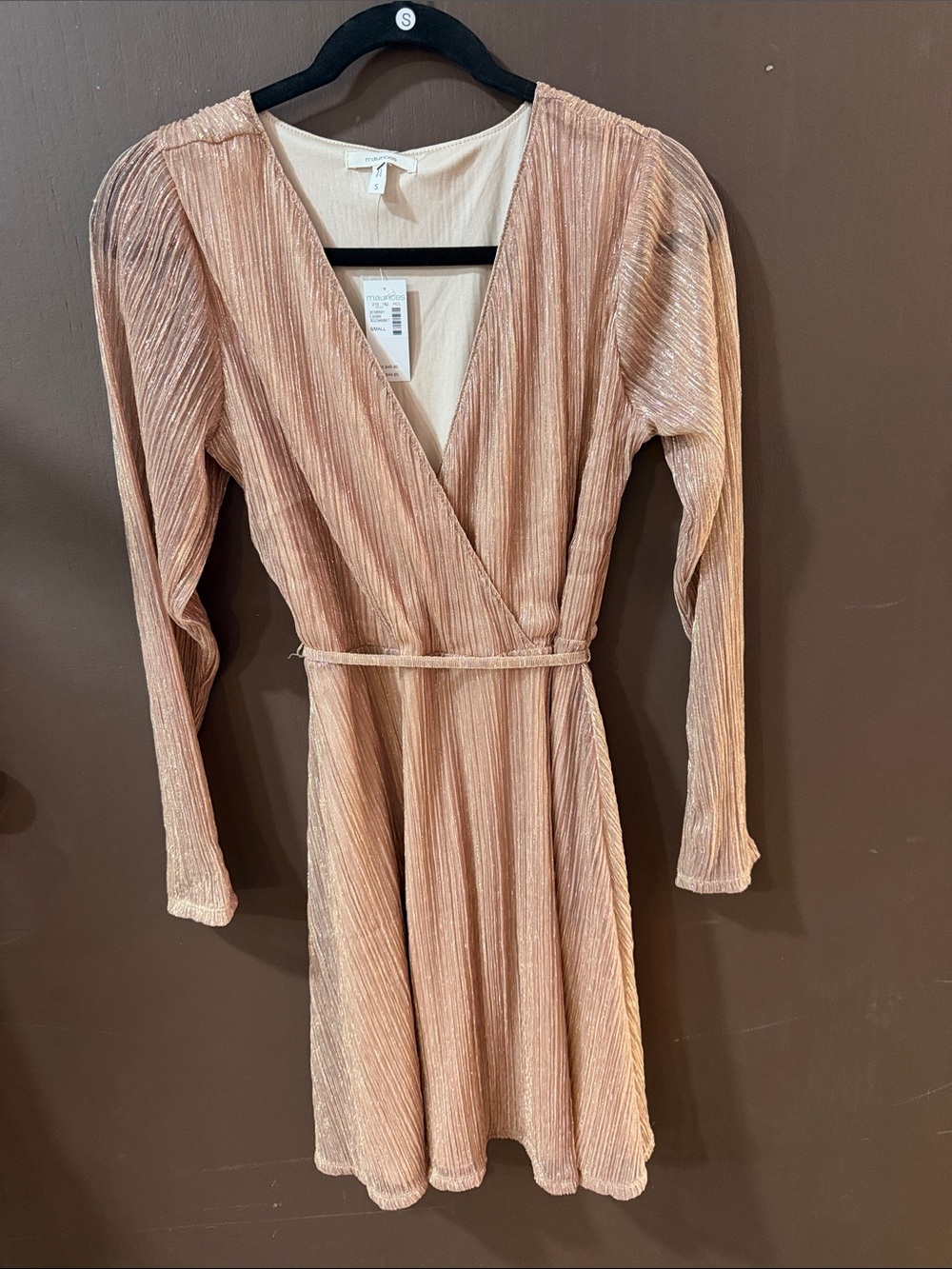 Maurices Metallic Blush Pleated Long-Sleeve Wrap Dress